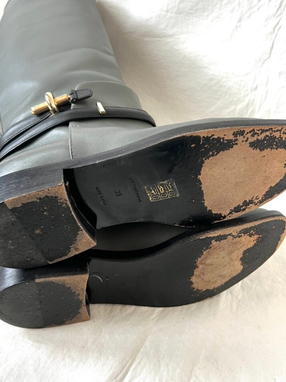 Balenciaga riding boots gray leather knee high 39 9 womens pull on black harness - Picture 9 of 15